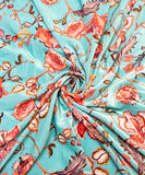 Sea Green Floral Digital Print Velvet Fabric