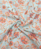 Light Blue Floral Print Zari Cotton Linen Fabric