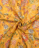 Yellow Golden Floral Print Embroidery Organza Fabric
