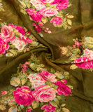 Olive Green Floral Printed Chiffon Fabric