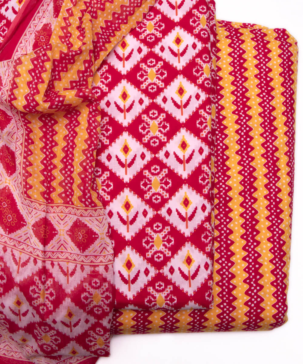 Red Color Geometric Print 3 Piece Cotton Suit Set