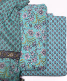 Sea Green Color Floral Print 3 Piece Cotton Suit Set
