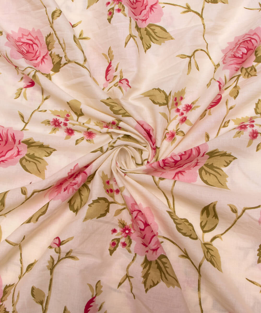 Off White Color Floral Print 3 Piece Cotton Suit Set