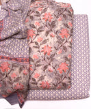 Grey Floral Print Cotton 3 Piece Unstitched Suit Pieces