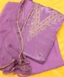 Lavender Embroidered 3 Piece Cosmos Silk Suit Set Fabric