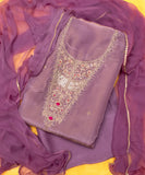 Lavender Embroidered 3 Piece Zari Silk Suit Set Fabric