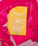 Mustard Yellow Embroidered 3 Piece Chanderi Silk Suit Set Fabric