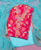 Dark Pink Embroidered 3 Piece Crepe Silk Suit Set Fabric