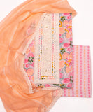 Peach Pink Floral Print Women's Cotton Suit With Kota Doria Dupatta