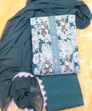 Teal Blue Floral Print Women's Cotton Suit With Dupatta