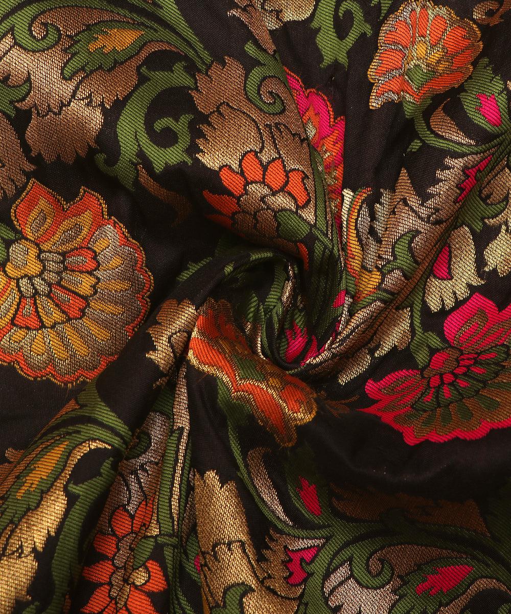 black color floral banarasi brocade silk fabric