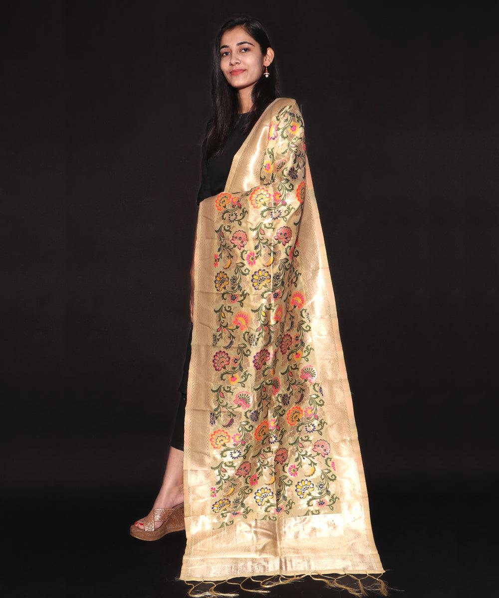 Golden Colour Floral Pattern Banarasi Dupatta - Fabric Dekho