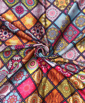 Multi Colour Abstract Print Satin Fabric