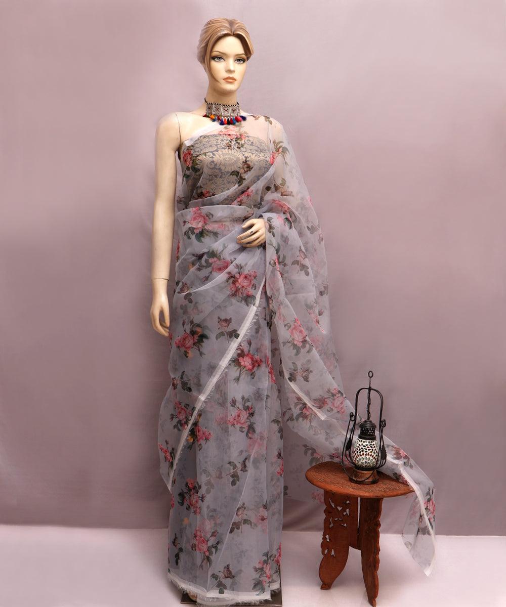 grey and pink floral print organza silk saree b140 4223