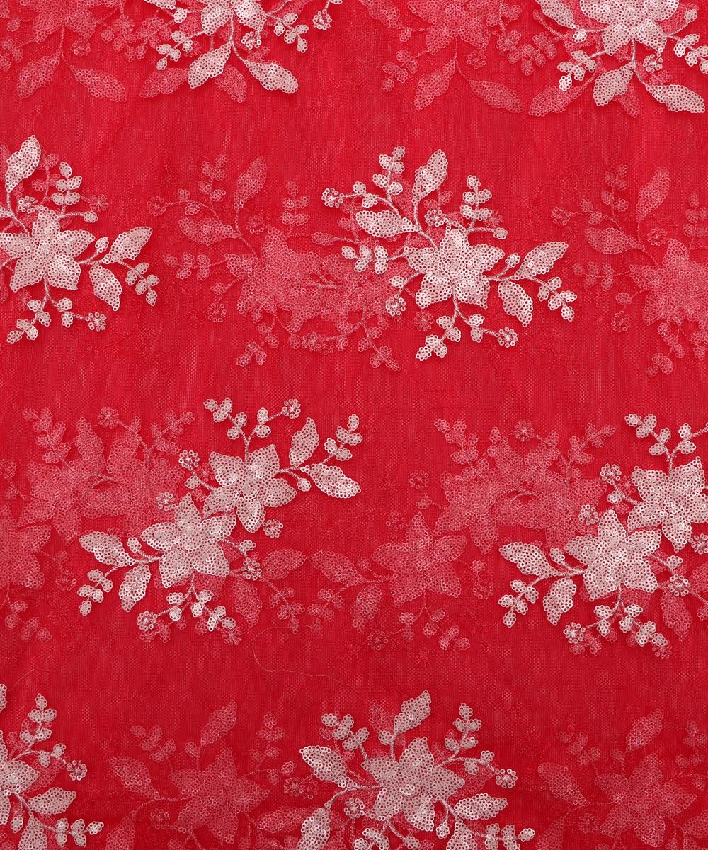 Red Colour Floral Net Sequin Embroidery Fabric