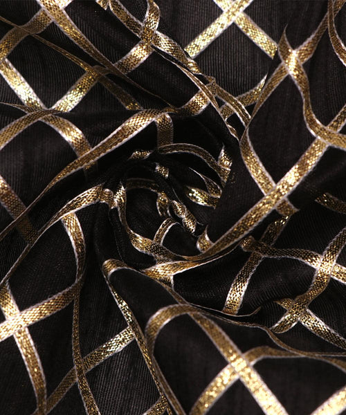 Black Colour Checks Pattern Gotta Raw Silk Fabric