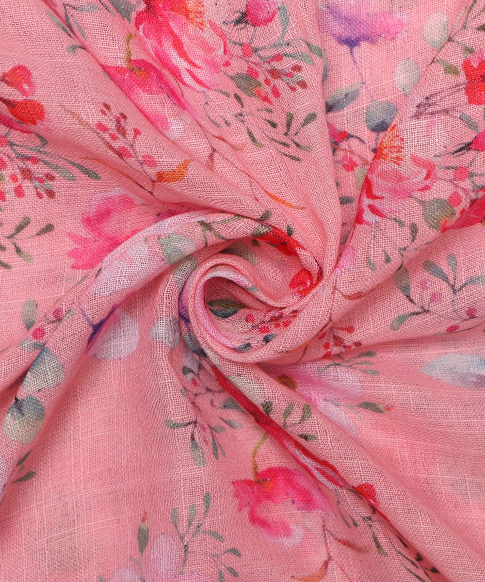 Peach Pink Colour Floral Print Cotton Linen Fabric