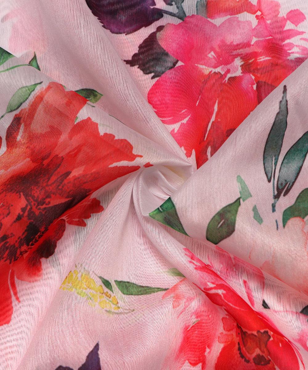 White Colour Floral Digital Print Muslin Fabric