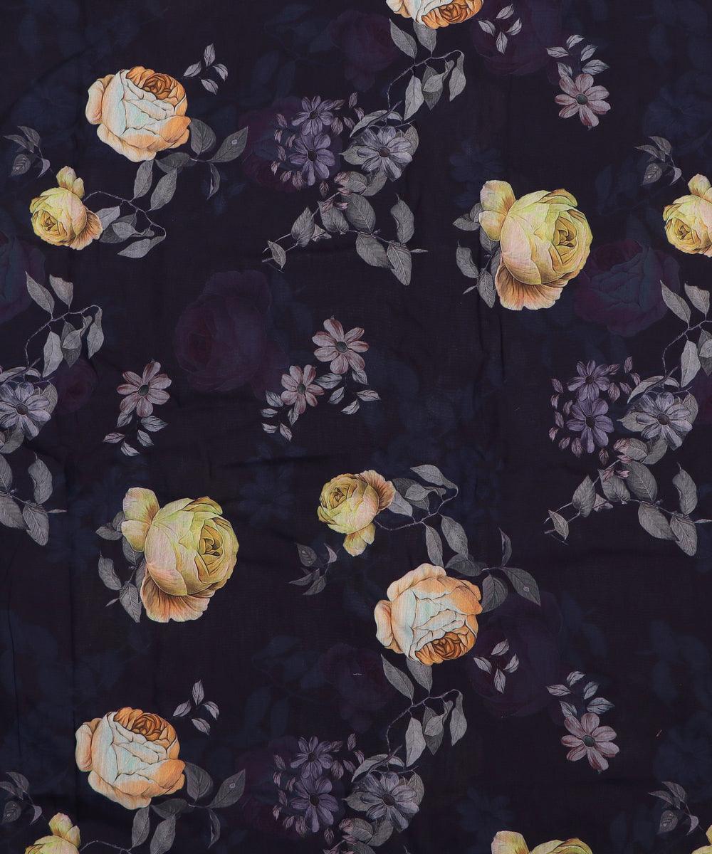 Black Colour Floral Print Digital Print Muslin Fabric