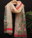 Light Yellow Colour Floral Hand Paint Organza Fabric Dupatta