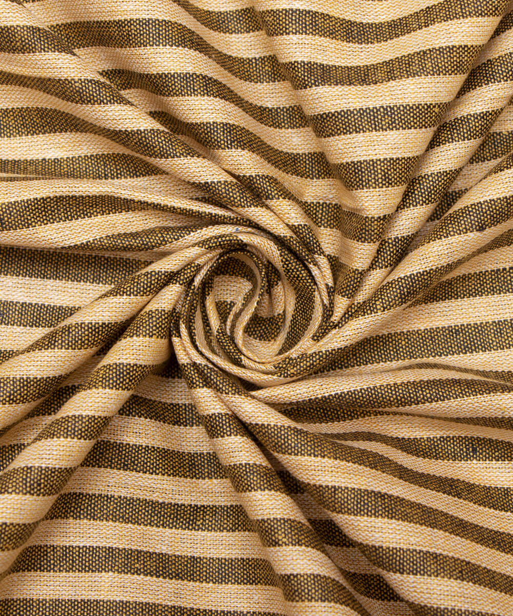 Mustard Black Colour Stripes Pattern Khadi Fabric