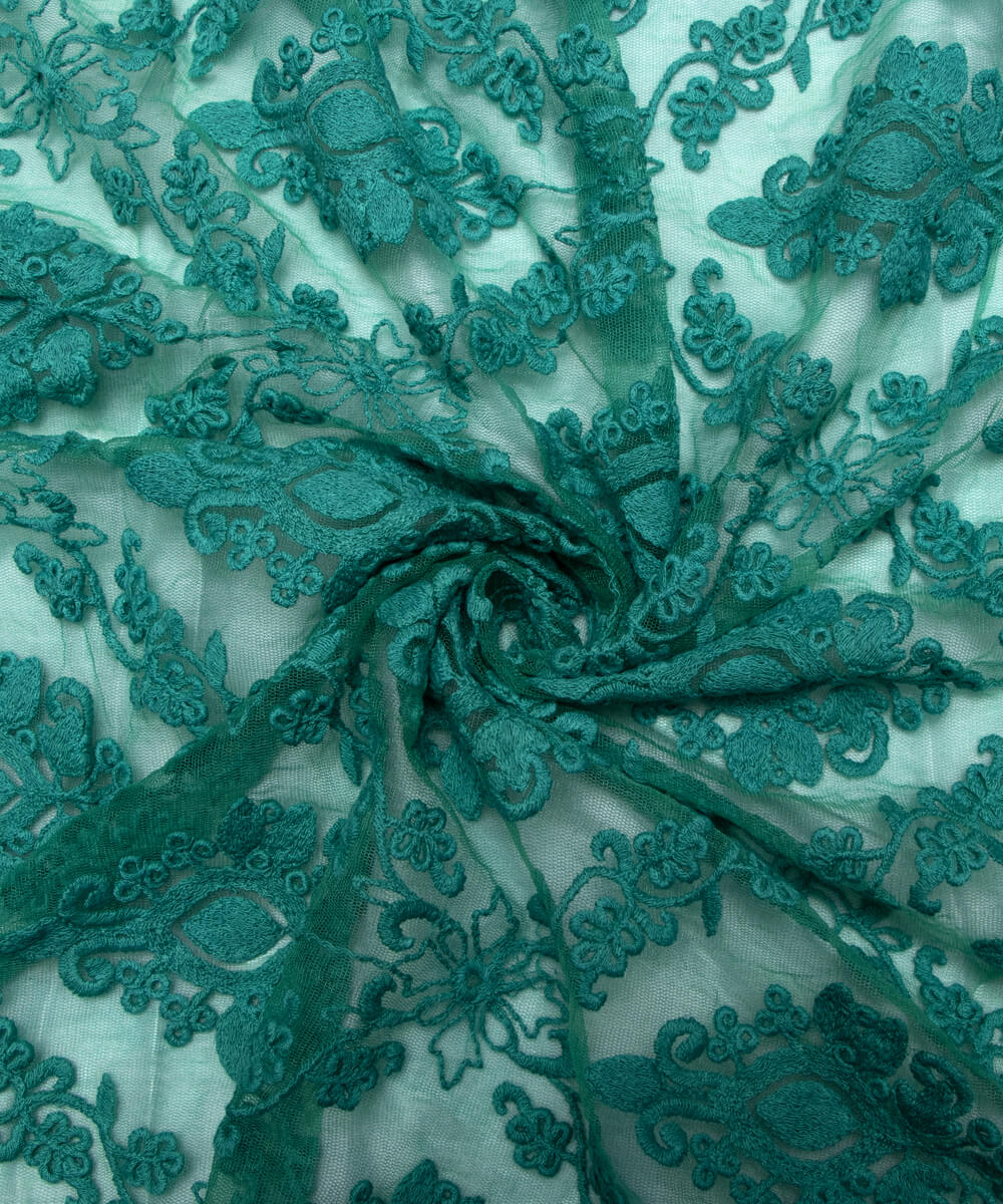 Turquoise Colour Floral Net Embroidery Fabric