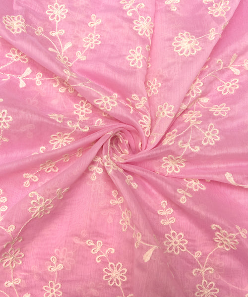 Pastel Pink Color Thread Embroidery Modal Chanderi Fabric