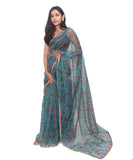 Blue Colour Floral Print Soft Pure Organza Silk Saree