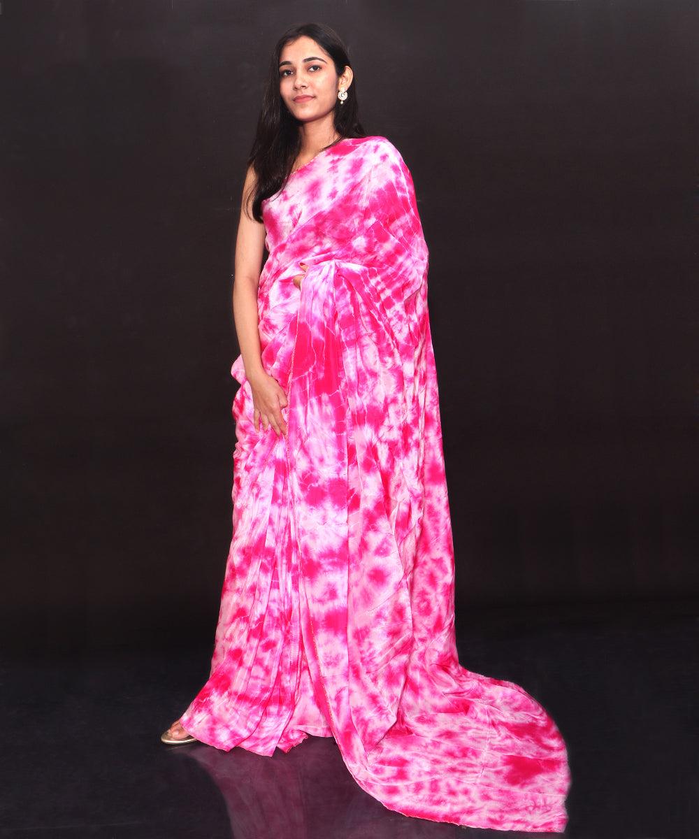 Calmna Embellished Sarees : Buy Calmna Urban Mix Tie And Dye Chiffon Saree- Pink, Multi-Color with Unstitched Online | Nykaa Fashion