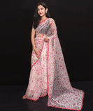 White Colour Floral Print Soft Pure Organza Silk Saree