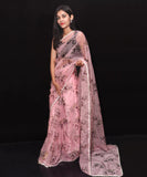 Peach Colour Floral Print Soft Pure Organza Silk Saree