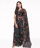 Black Colour Floral  Embroidery Tissue Organza Silk Saree