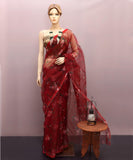 Maroon Colour Floral Print Organza Silk Saree